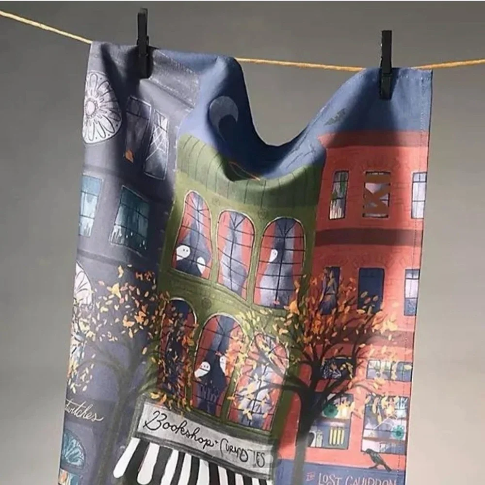 Anthropologie Spooky Bookstore Halloween Dish Towel - Ghosts & Curiosities